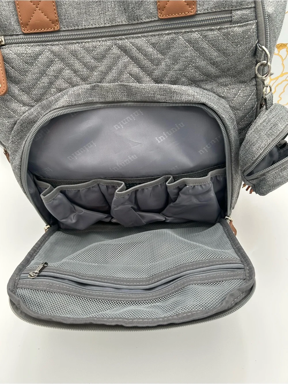 Gray Quilted Baby Bag Backpack with Brown Trim